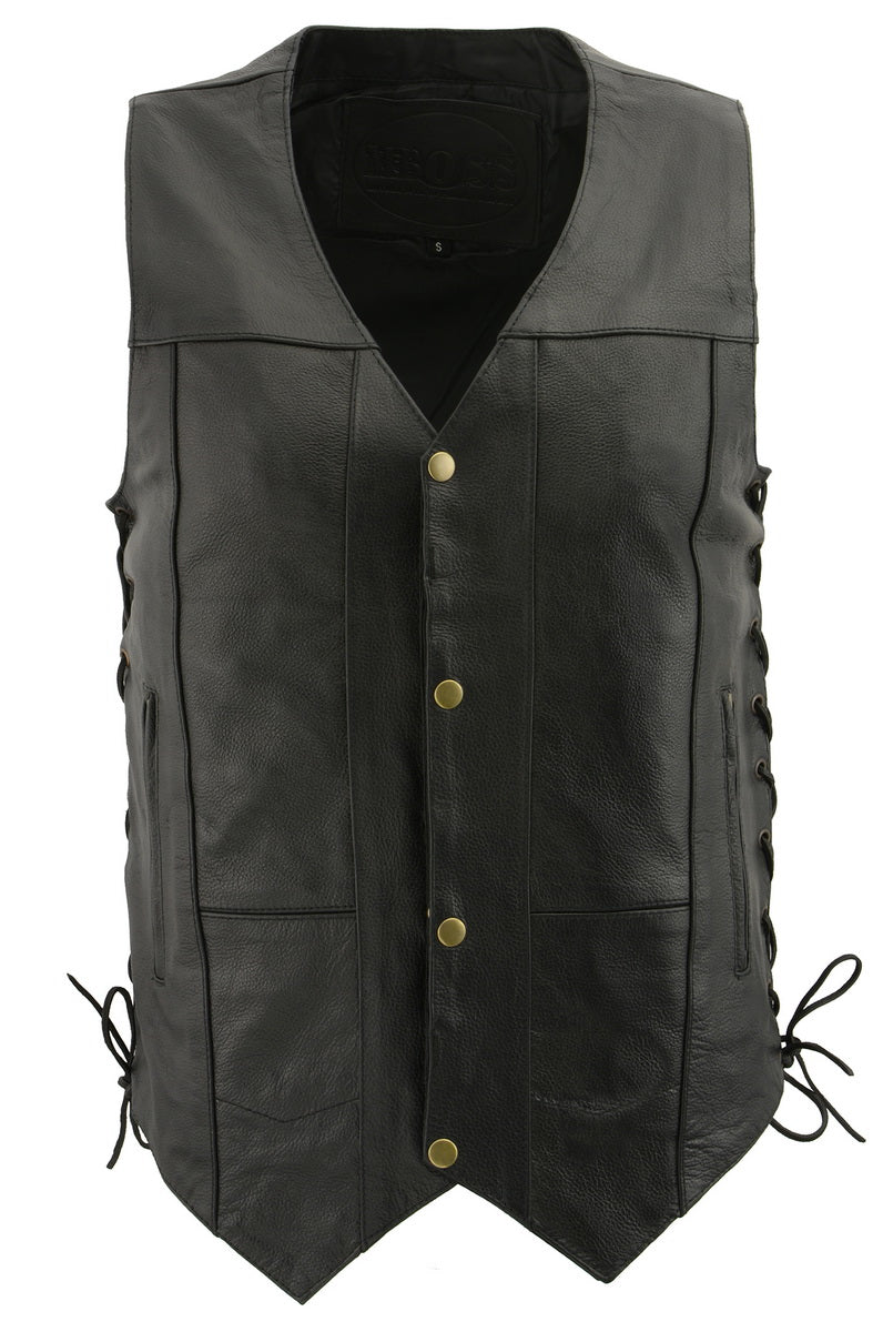 Men's Black Side Lace Leather Vest with Patches