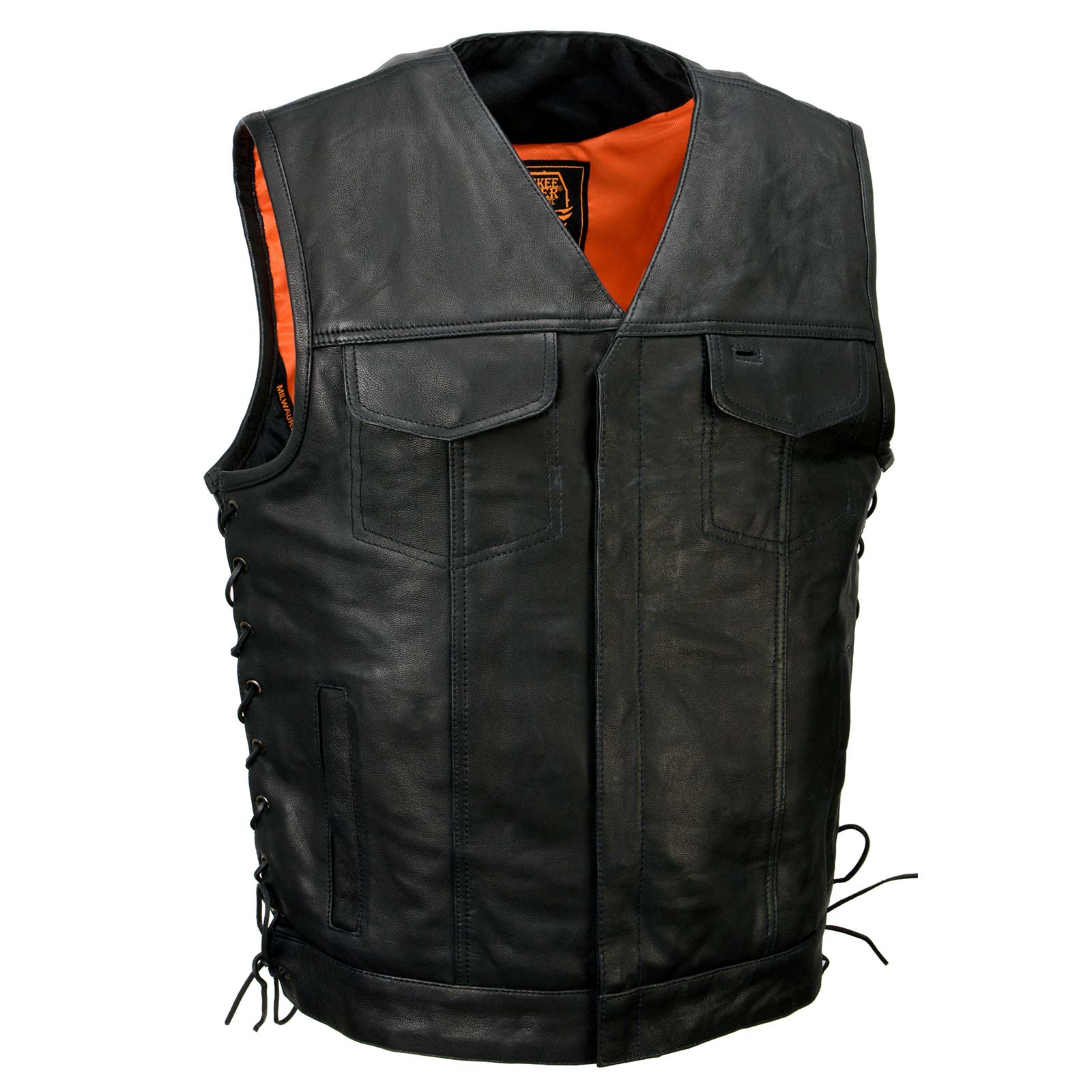 Milwaukee Leather MLM3504 Men's Black 'Pursuit' V Neck Club Style  Motorcycle Leather Vest with Adjustable Side Laces