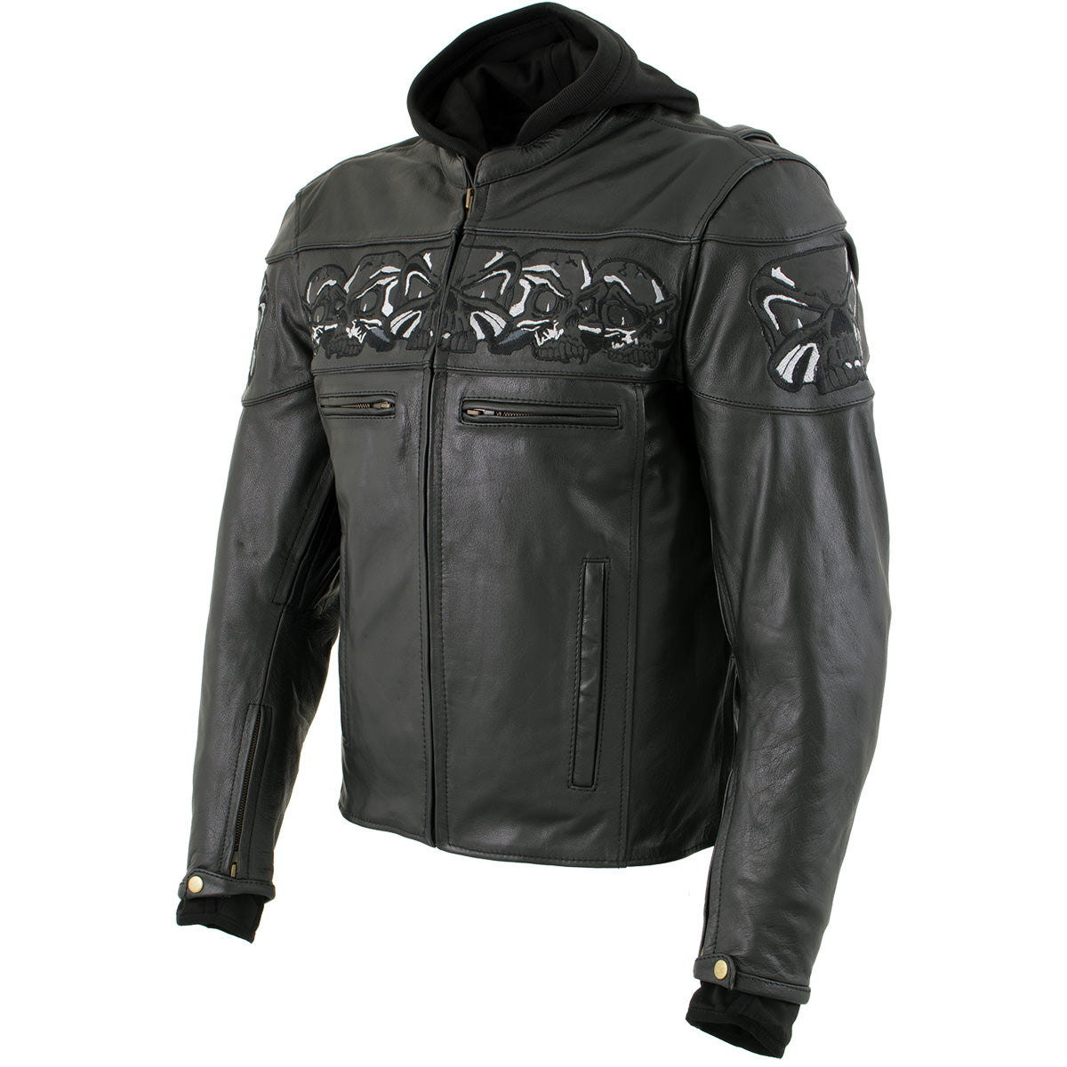 Xelement XS1504 Men's ‘Futile’ Black Leather Motorcycle Hooded Jacket ...