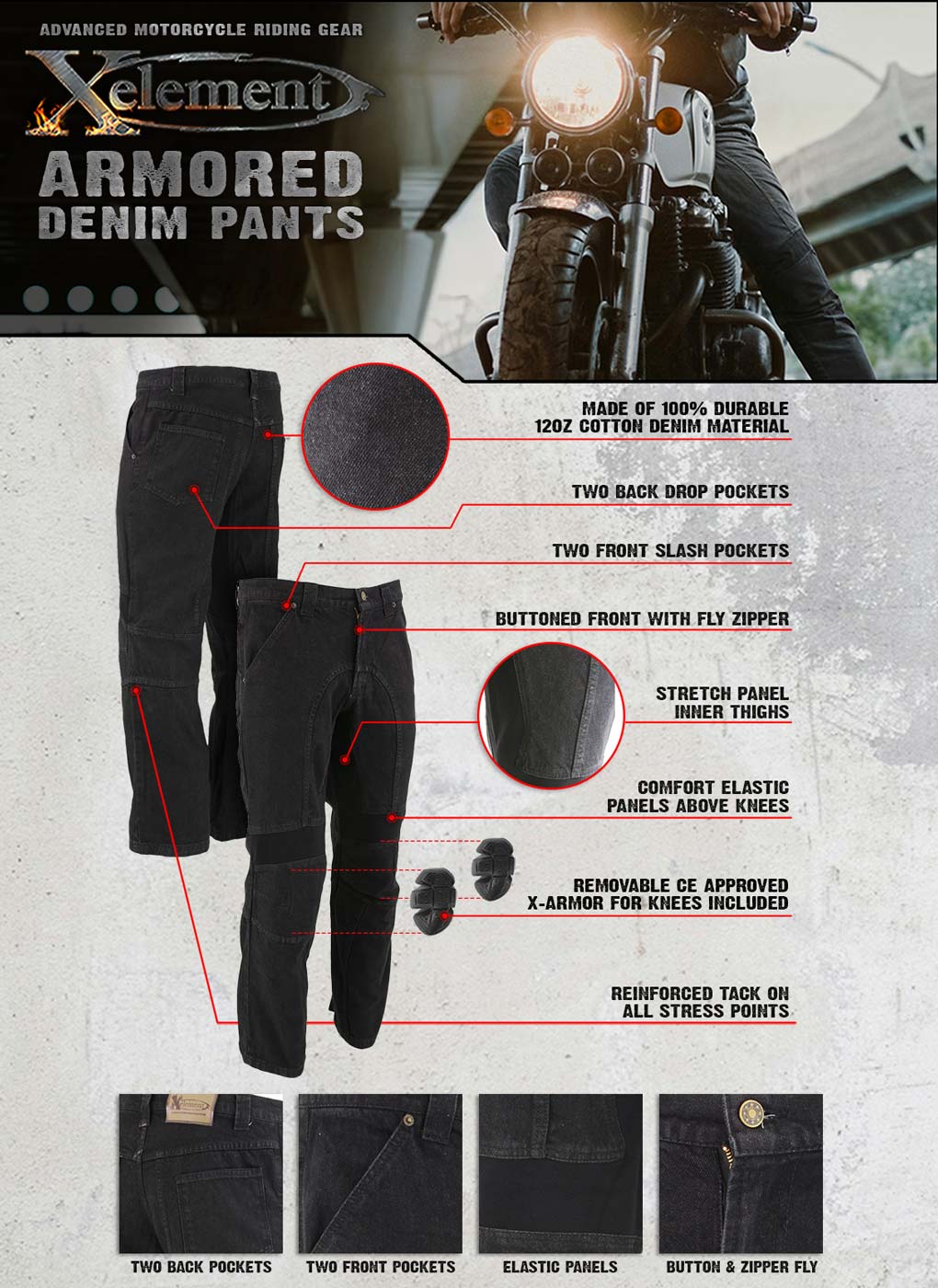 Xelement 055030 Men's Classic Fit Black Denim Motorcycle Racing Pants with  X-Armor Protection