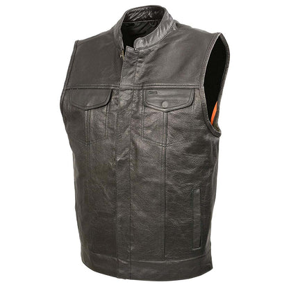 Men’s SOA Black Premium Buffalo Leather Club Style Motorcycle Rider Vest with Patch Access BZ6010