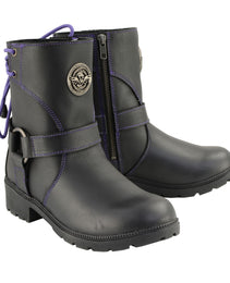 Milwaukee Leather MBL9317 Women's Black Leather Harness Zip-Up Motorcycle Rider Boots w/ Purple Back Laces