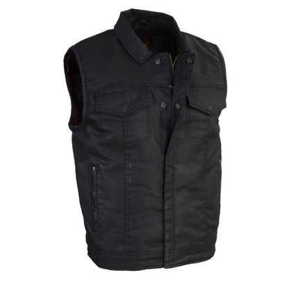 Milwaukee Leather MDM3030 Men’s Black Waxy Coated Denim Club Style Motorcycle Rider Vest w/ Shirt Collar