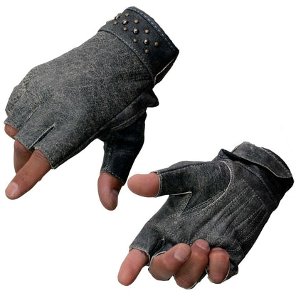 Milwaukee Leather MG7761 Women's Fingerless Distressed Gray Leather Gloves with Gel Palms