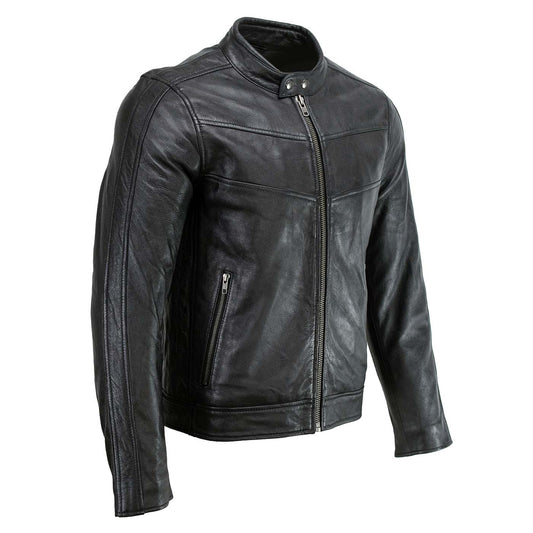 Milwaukee Leather Men's Black Cafe Racer Leather Jacket with Snap Button Collar SFM1835