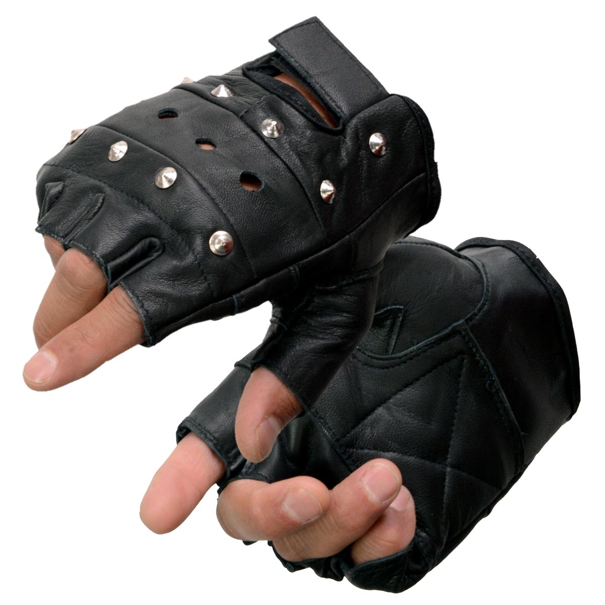 Milwaukee Leather SH211 Men's 'Studded' Black Leather Fingerless Glove with Padded Palms