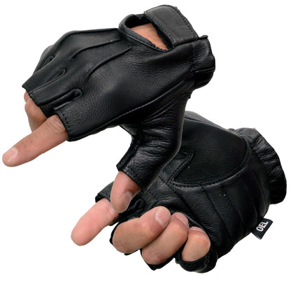 Milwaukee Leather SH878 Men's Black Welted Genuine USA Deerskin Leather Gel Palm Fingerless Motorcycle Gloves