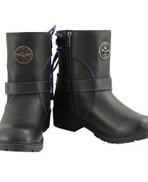 Milwaukee Leather MBL9317 Women's Black Leather Harness Zip-Up Motorcycle Rider Boots w/ Purple Back Laces