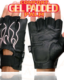 Xelement XG198 Women's Embroidered 'Flamed' Fingerless Black and Pink Motorcycle Leather Gloves