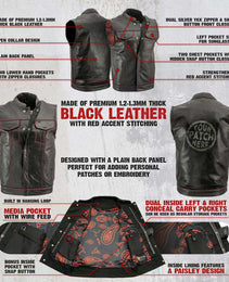 Xelement XS3449 Men's 'Paisley' Black Leather Motorcycle Biker Rider Vest with Red Stitching