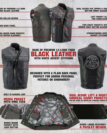 Xelement XS3450 Men's Black 'Paisley' Leather Motorcycle Biker Rider Vest with White Stitching