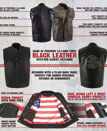 Xelement XS6665 Men's 'Old Glory' Black Leather Motorcycle Vest w/ Red Stitching and USA Inside Flag Lining