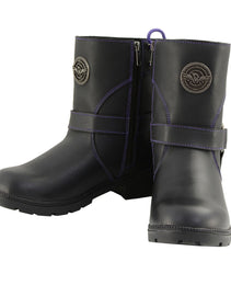 Milwaukee Leather MBL9317 Women's Black Leather Harness Zip-Up Motorcycle Rider Boots w/ Purple Back Laces