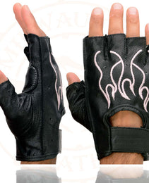 Xelement XG198 Women's Embroidered 'Flamed' Fingerless Black and Pink Motorcycle Leather Gloves