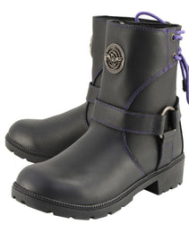 Milwaukee Leather MBL9317 Women's Black Leather Harness Zip-Up Motorcycle Rider Boots w/ Purple Back Laces