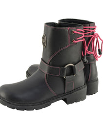 Milwaukee Leather MBL9318 Women's Black Leather Harness Zip-Up Motorcycle Rider Boots w/ Pink Back Laces