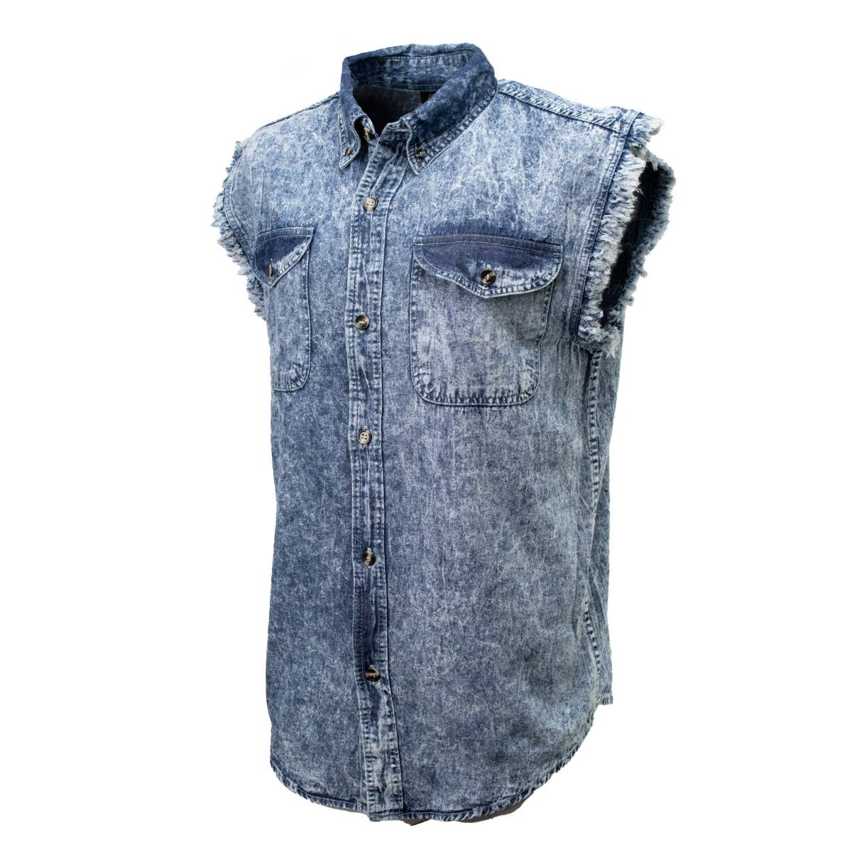 Milwaukee Leather MDM11684 Men’s Classic Light Blue Button-Down Cut Off Frayed Sleeveless Casual Shirt