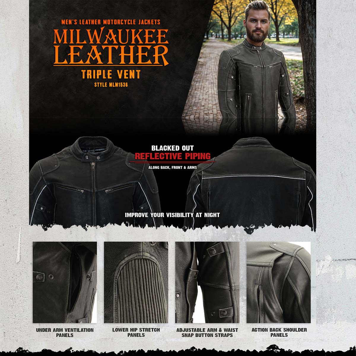 Milwaukee Leather MLM1536 Mens Vintage Distressed Grey Leather Scooter Style Motorcycle Jacket - Reflective Piping