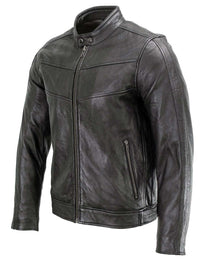 Milwaukee Leather Men's Black Cafe Racer Leather Jacket with Snap Button Collar SFM1835