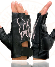 Xelement XG198 Women's Embroidered 'Flamed' Fingerless Black and Pink Motorcycle Leather Gloves