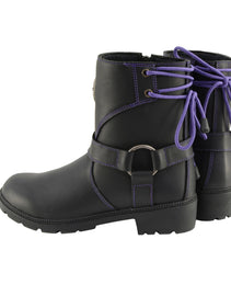 Milwaukee Leather MBL9317 Women's Black Leather Harness Zip-Up Motorcycle Rider Boots w/ Purple Back Laces