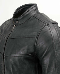 Milwaukee Leather Men's Black Cafe Racer Leather Jacket with Snap Button Collar SFM1835