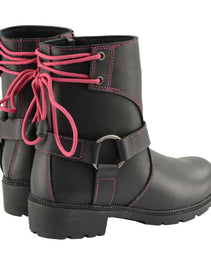 Milwaukee Leather MBL9318 Women's Black Leather Harness Zip-Up Motorcycle Rider Boots w/ Pink Back Laces