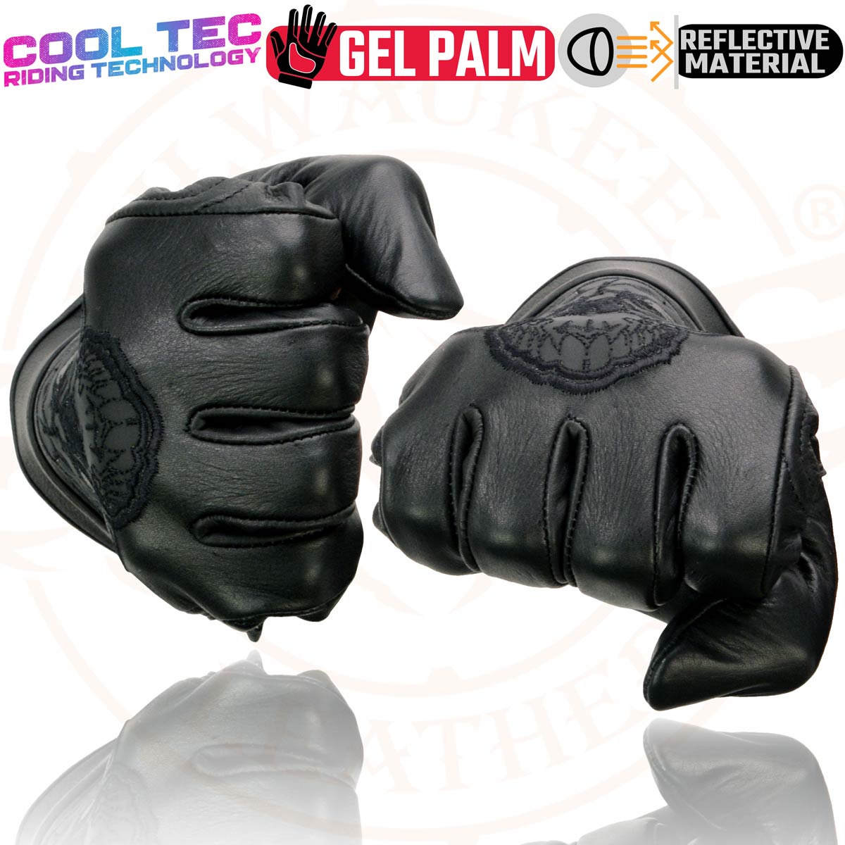 Milwaukee Leather MG7571 Men's Black ‘Col-Tec’ Leather ‘Reflective Skull’ Motorcycle Hand Gloves W/ Gel Padded Palm