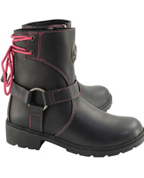 Milwaukee Leather MBL9318 Women's Black Leather Harness Zip-Up Motorcycle Rider Boots w/ Pink Back Laces