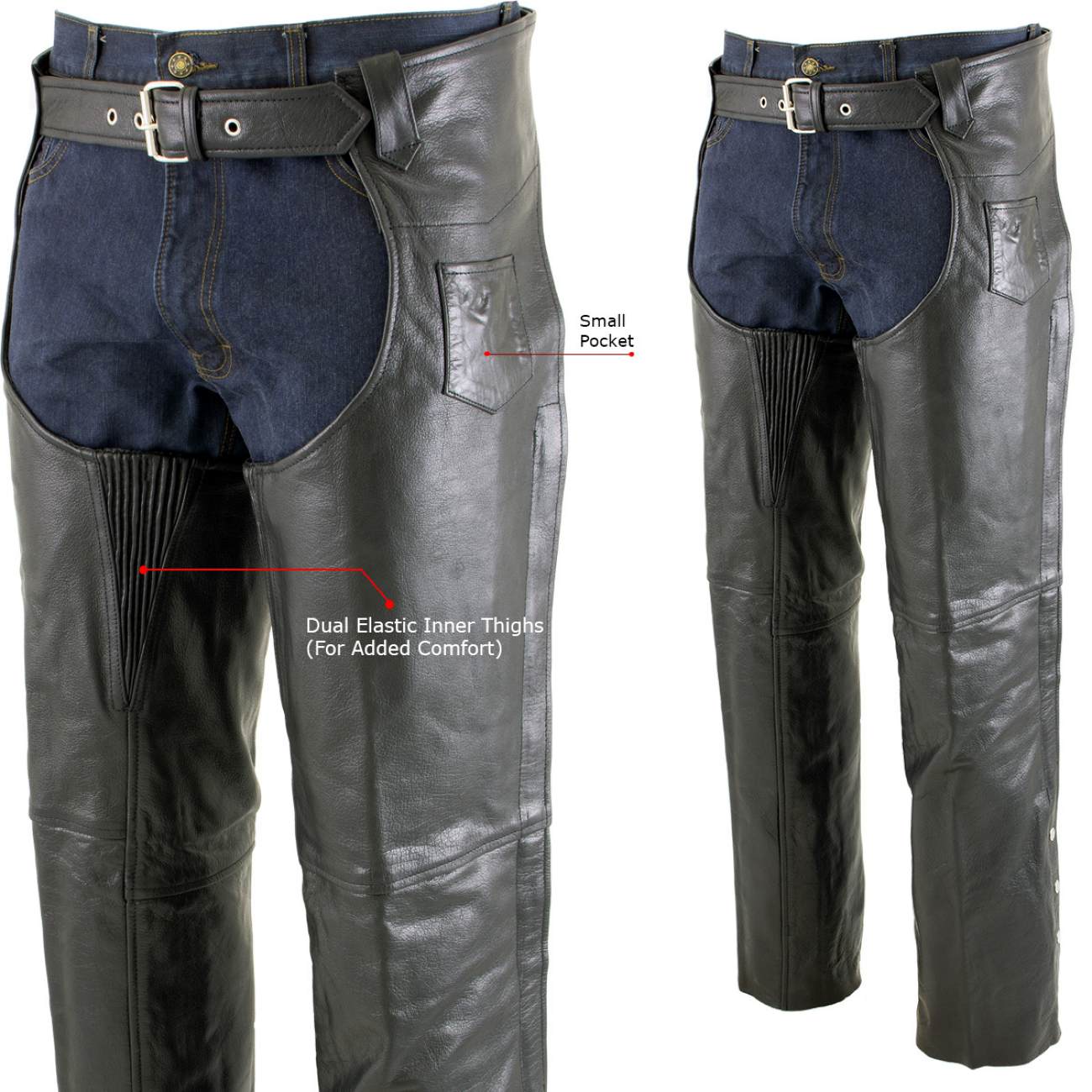 Milwaukee Leather LKM5722 Men's Black Premium Leather Dual Comfort Motorcycle Biker Rider Chaps