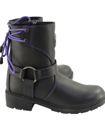 Milwaukee Leather MBL9317 Women's Black Leather Harness Zip-Up Motorcycle Rider Boots w/ Purple Back Laces