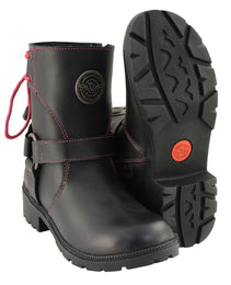 Milwaukee Leather MBL9318 Women's Black Leather Harness Zip-Up Motorcycle Rider Boots w/ Pink Back Laces