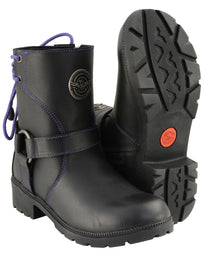 Milwaukee Leather MBL9317 Women's Black Leather Harness Zip-Up Motorcycle Rider Boots w/ Purple Back Laces