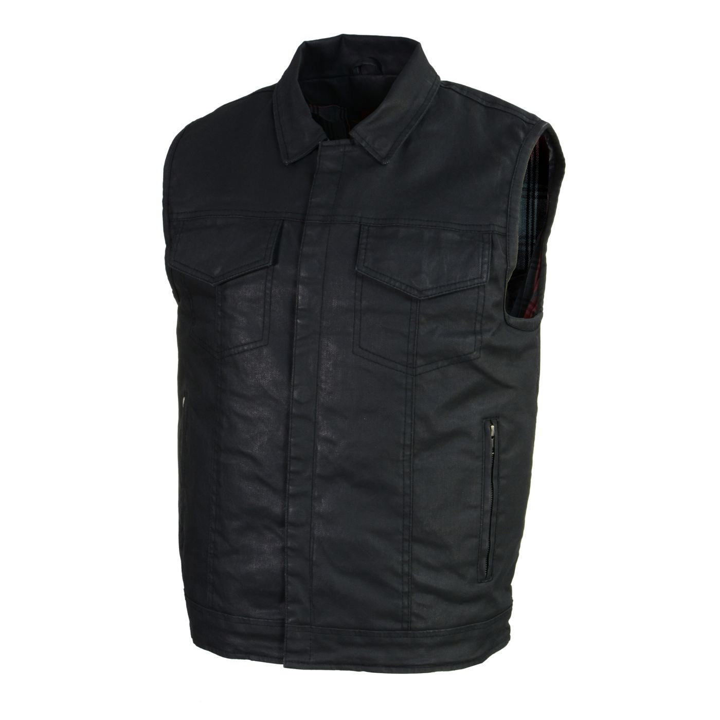 Milwaukee Leather MDM3030 Men’s Black Waxy Coated Denim Club Style Motorcycle Rider Vest w/ Shirt Collar