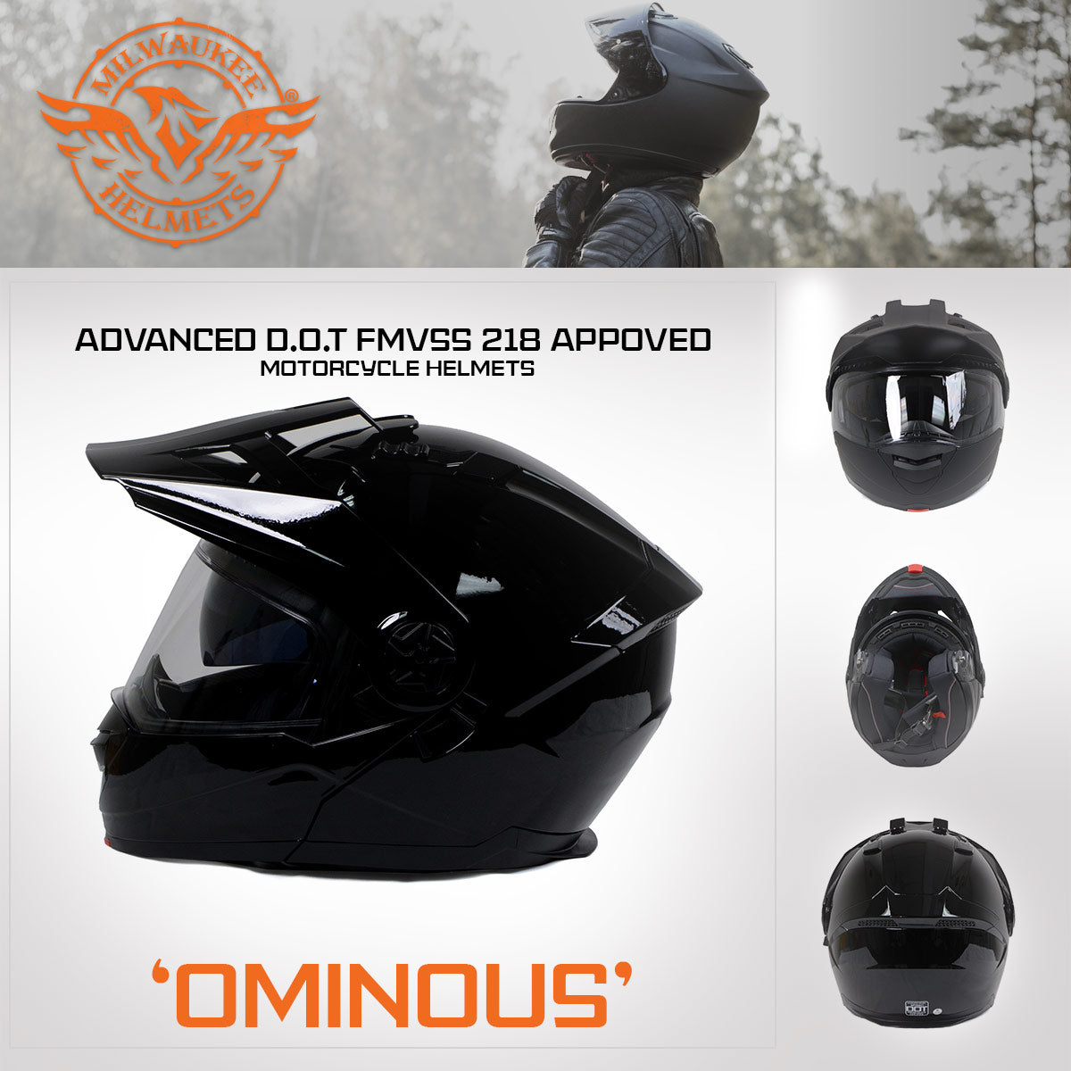 Milwaukee Helmets Gloss Black Ominous Dual Sport Advanced Motorcycle Modular Helmet DOT Approved MPH9821DOT