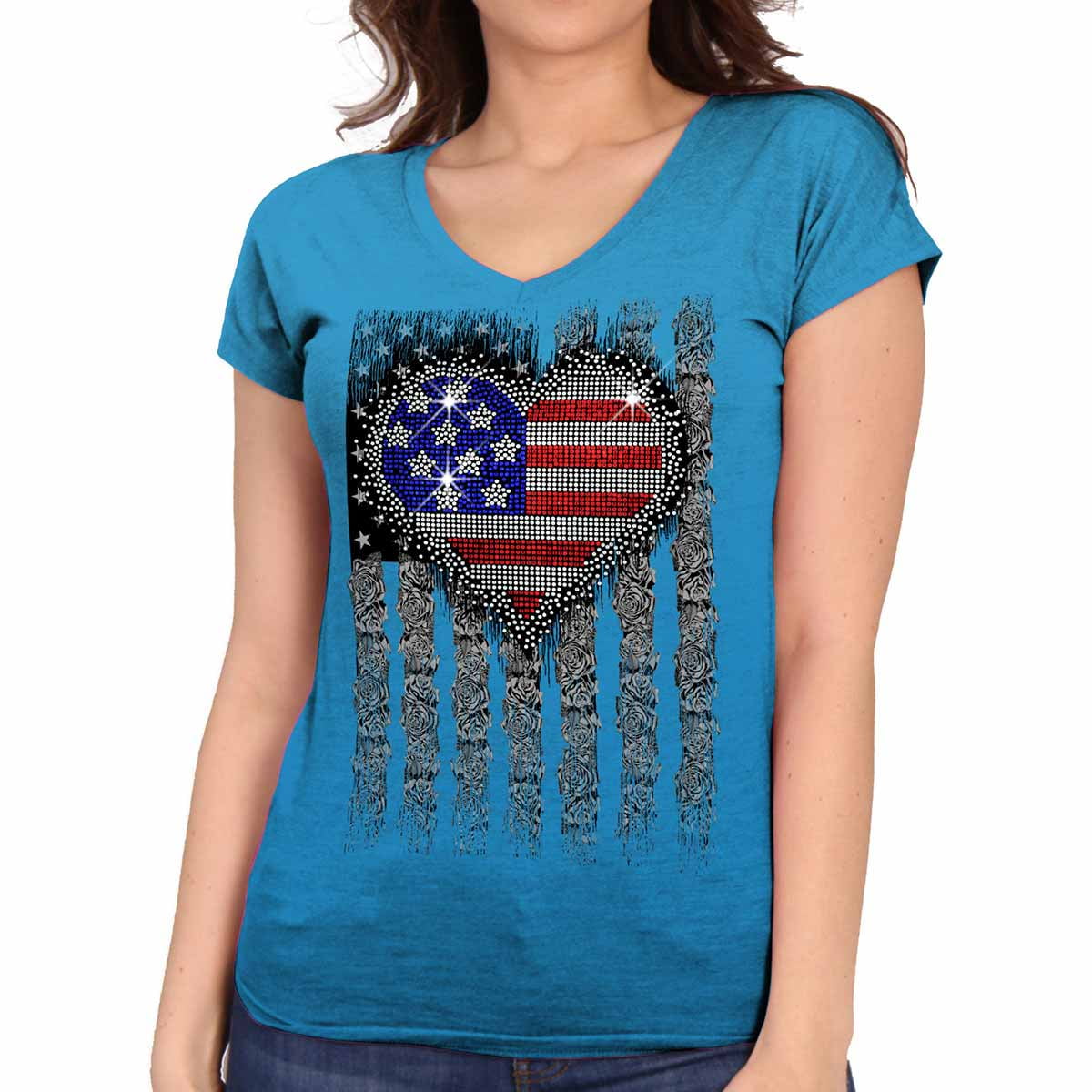 Hot Leathers GLC1560 Ladies Sapphire Short Sleeve Heart Bling T-Shirt