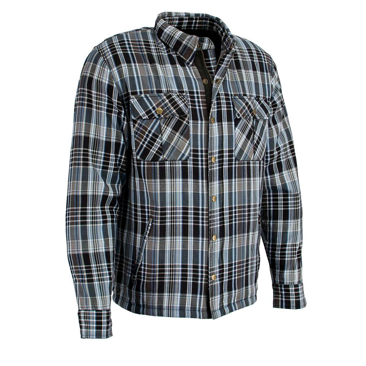 Milwaukee Leather MPM1636 Men's Long Sleeve Flannel Biker Shirt w/ CE Approved Armor - Reinforced w/ Aramid Fiber