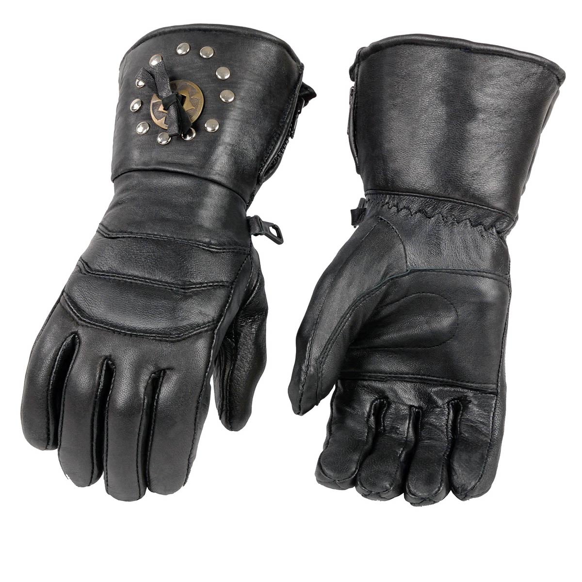 Milwaukee Leather Men's Gauntlet Motorcycle Hand Gloves-Black Leather Thermal Lined with Conchos on Cuff- SH238