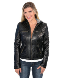 Milwaukee Leather SFL2810 Women's Black Scuba Style Fashion Leather Jacket with Drawstring and Hoodie