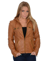 Milwaukee Leather SFL2810 Women's Cognac Scuba Style Fashion Leather Jacket with Drawstring and Hoodie