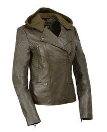 Milwaukee Leather SFL2815 Womens Olive Motorcycle Style Leather Jacket with Hoodie and Asymmetrical Zipper