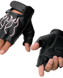 Xelement XG198 Women's Embroidered 'Flamed' Fingerless Black and Pink Motorcycle Leather Gloves