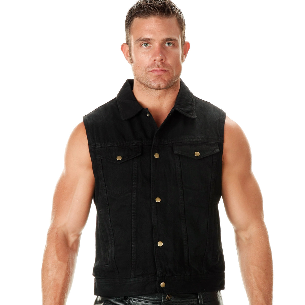 925 Black Denim V-Neck Vest with Antique Snap Front - Paragon Leather