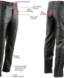 Xelement Men's Black Premium Leather Motorcycle Over Pants with Side Zipper and Snaps B7470