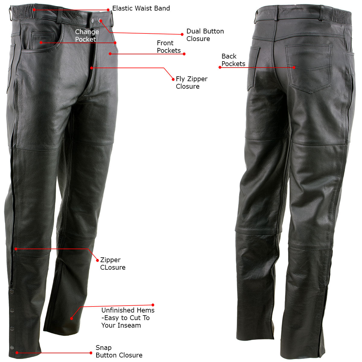 Milwaukee Leather LKM5726 Men's Black Premium Leather Motorcycle Over Pants with Side Zipper and Snaps