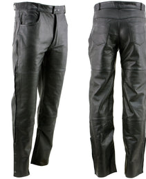 Xelement Men's Black Premium Leather Motorcycle Over Pants with Side Zipper and Snaps B7470