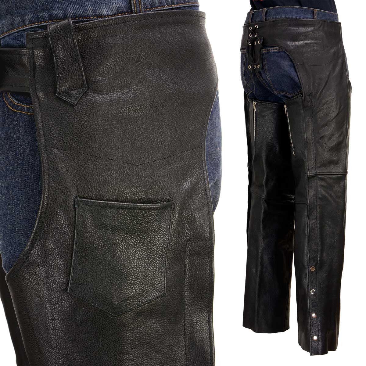 Milwaukee Leather LKM5721 Men's Black Easy Fit Premium Leather Motorcycle Biker Rider Chaps