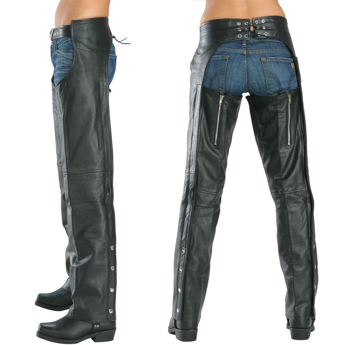 Milwaukee Leather LKL6707 Women's Black Premium Leather Dual Comfort Motorcycle Rider Chaps