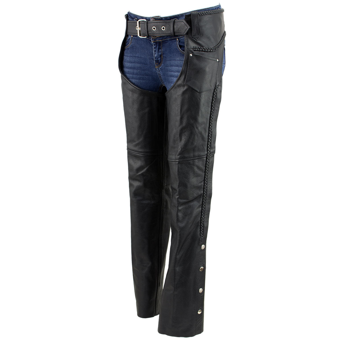 Milwaukee Leather LKM5725 Women's Braided Black Premium Leather Motorcycle Rider Chaps