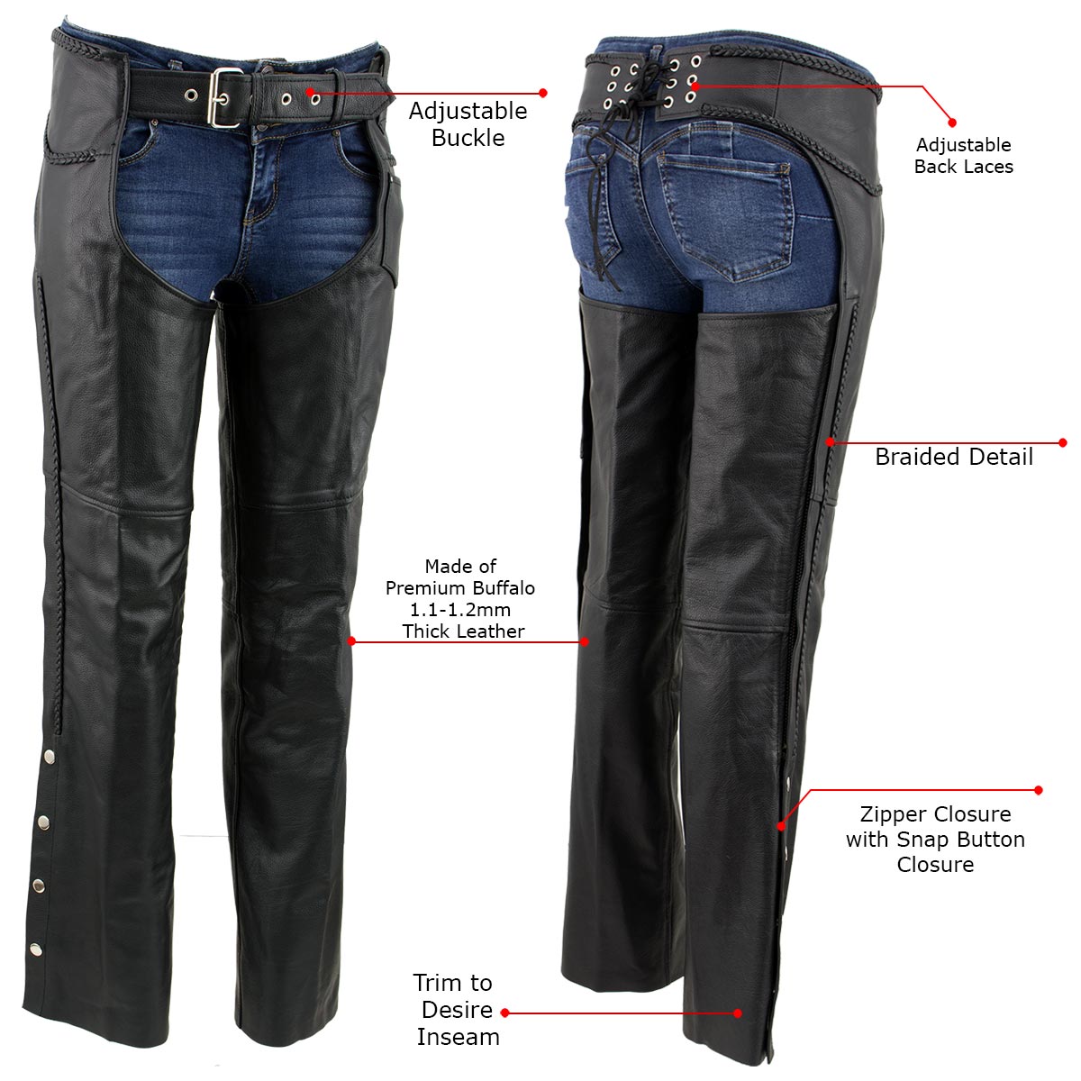 Milwaukee Leather LKM5725 Women's Braided Black Premium Leather Motorcycle Rider Chaps